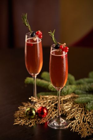 Champagne glasses on table during Christmas celebration
