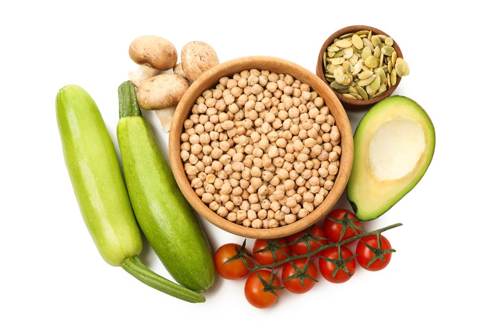 Set of protein vegan products, isolated on plain background, top view