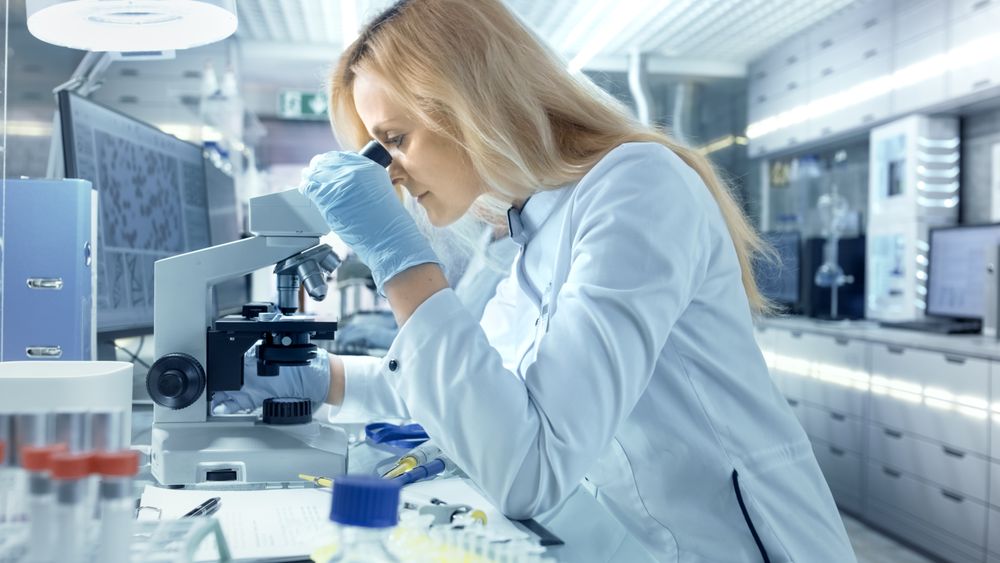 Female Research Scientist Looks at Biological Samples Under Microscope.