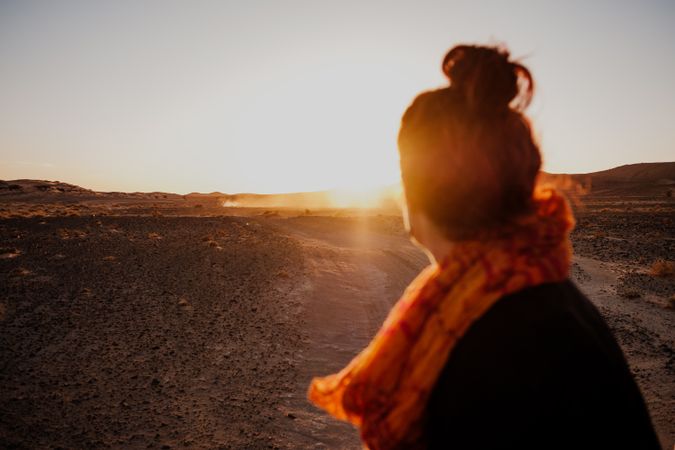 Anonymous traveler looking at desert