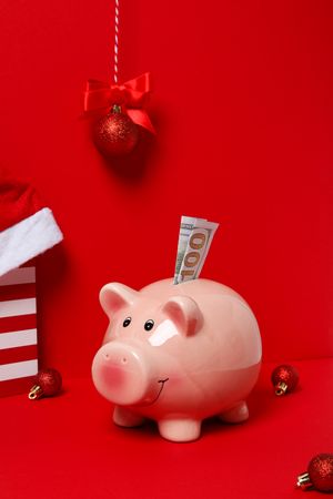Piggy bank with cash and balls on red background