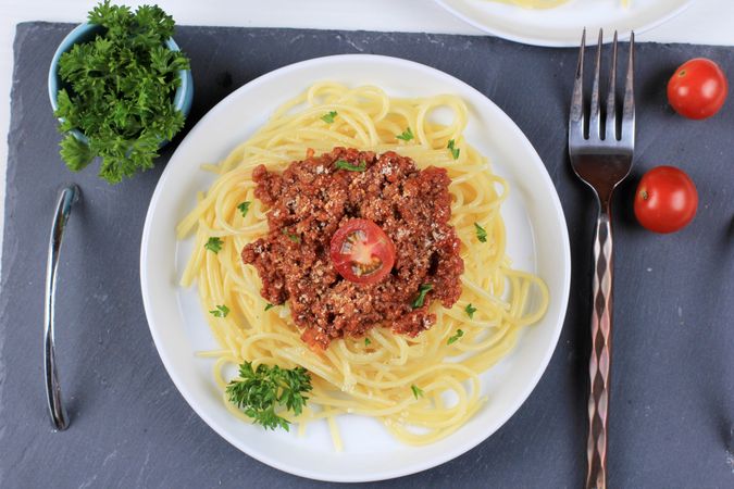 Delicious Spaghetti Bolognaise Served on Pan.