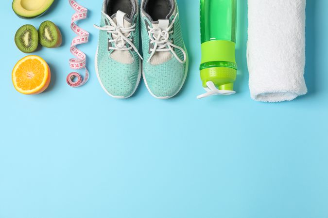 Flat lay composition with loss weigh accessories on color background