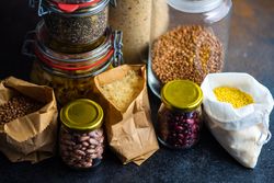 Selection of dried millet, kidney beans and grains from pantry