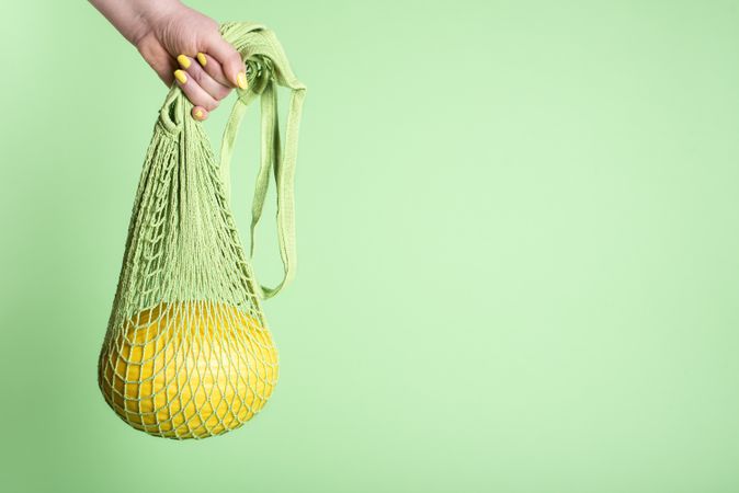 Honeydew melon hanging in mesh shopping bag