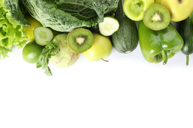 Fresh vegetables and fruits isolated on blank background