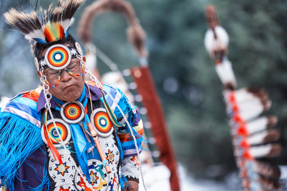 Red Wing, MN, USA - July 8th, 2017: Older Sioux man in traditional blue regalia