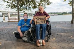 Rose Abrams and her son, Drew Bennett -- homeless and seeking warmheartedness in Cincinnati, Ohio n561x0