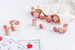 Board game pieces on wooden surface