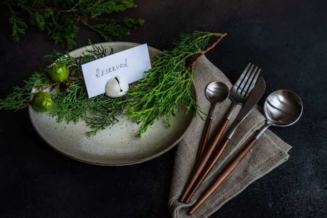 Christmas holiday concept with beige tableware and branch