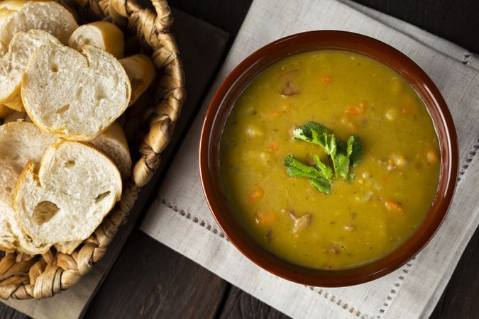 Pea soup. Bowl with pea soup on the table