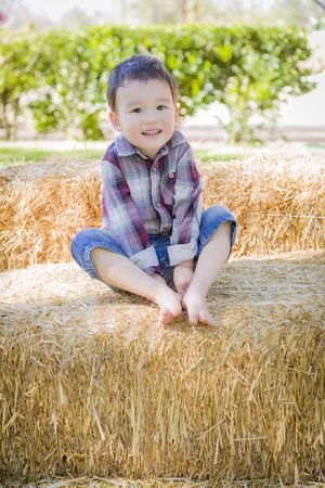 Young Boy Having Fun on Hay Bale