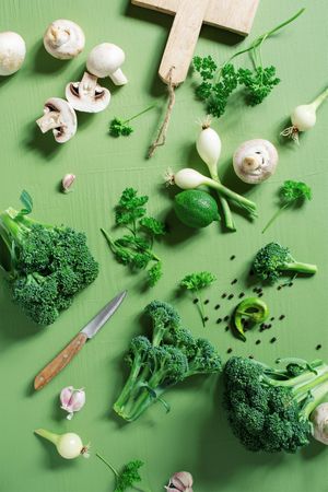 Top view of fresh raw ingredients for healthy cooking