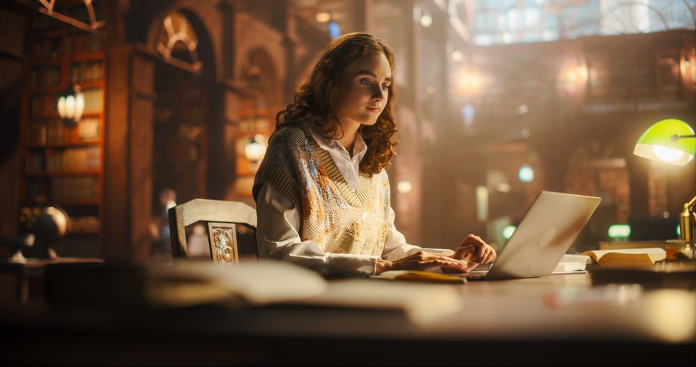 Focused Young Woman Writing in a Majestic Library, Surrounded by Bookshelves with Smart Knowledgable Books
