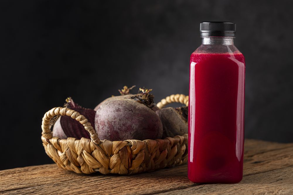 Red beet juice in plastic bottle.