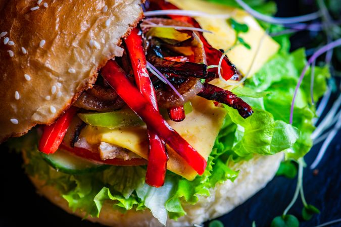 Top view of hamburger with red peppers and cheese