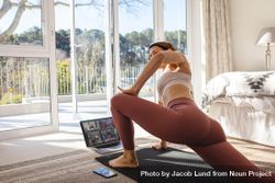 Woman exercising at home watching online exercise session on her laptop 0WKZP0
