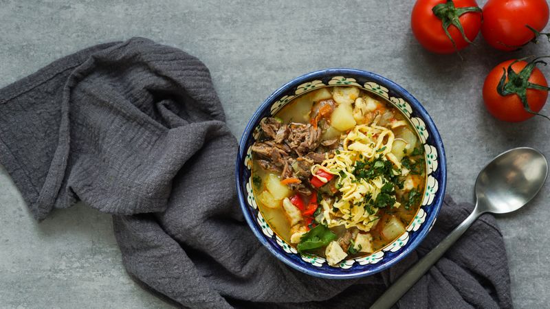 Manpar soup with pasta, traditional soup of  middle asia