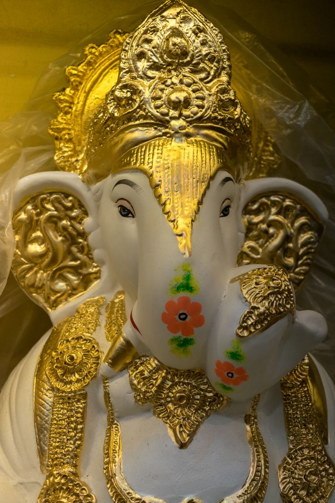 A beautiful idol of Lord Ganpati on display at a workshop in Mumbai, India for the festival of Ganesh Chaturthi