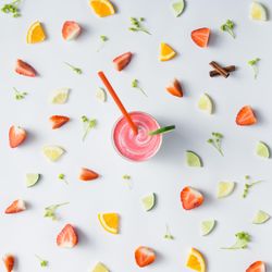 Pattern with strawberry, lime, oranges, leaves and smoothie