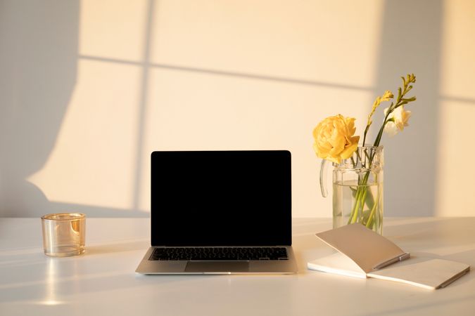 Laptop next to Notebook with sparkling light