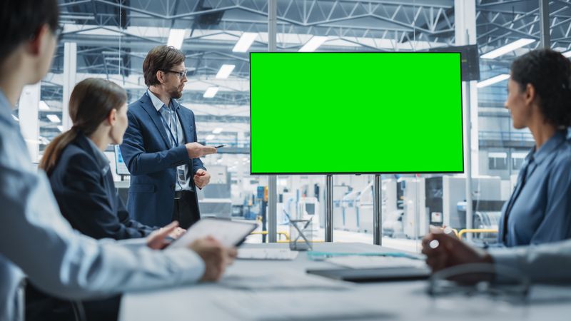 Electronics Factory Office Meeting: Male CEO Presenting Innovative High-Tech Device On TV With Green Screen Chromakey.