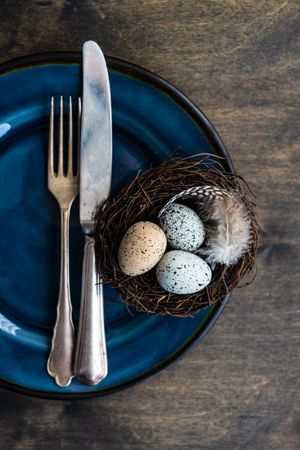 Top view of elegant spring table setting with nest and eggs