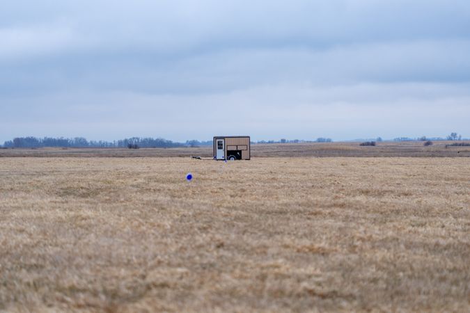 Prairie Chicken blind in field at Hamden Slough National Wildlife Refuge sign in Hamden Township, Minnesota