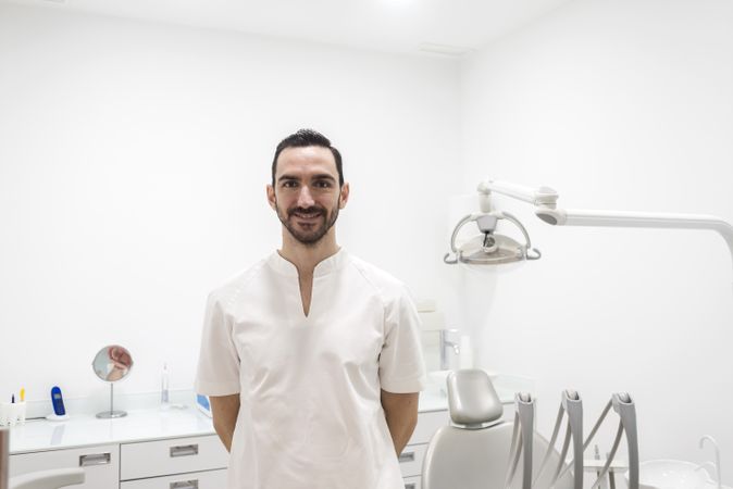 Portrait of a confident male dentist posing in his clinic