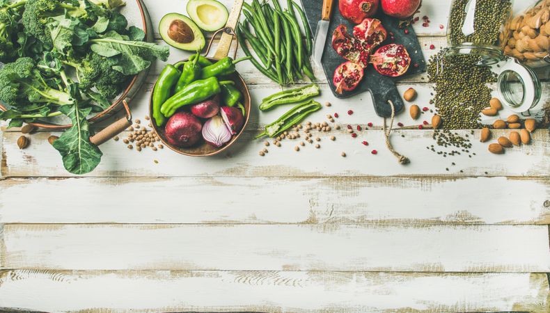 Prepped fresh vegetables and fruits for cooking