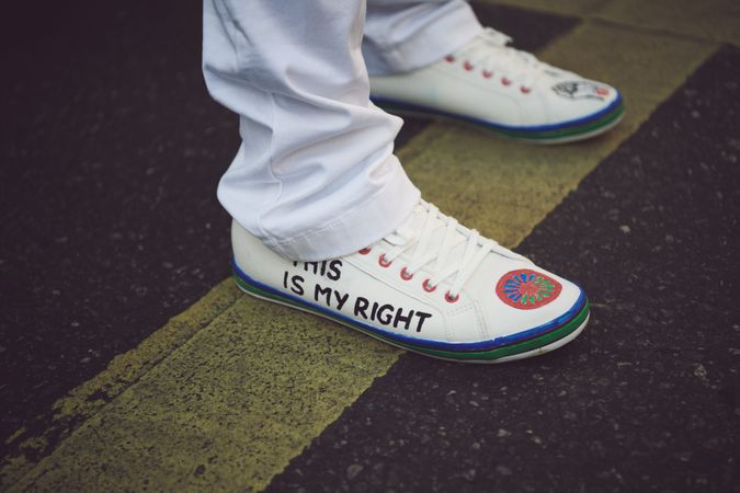 London, England, United Kingdom - March 19 2022: “This is my right” on sneakers