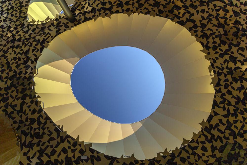 Looking up through contemporary skylight in House of Music, Budapest