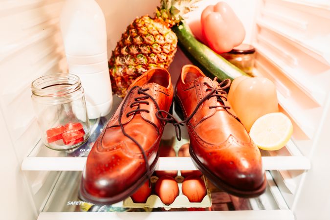Shoes and food into a refrigerator for fools day