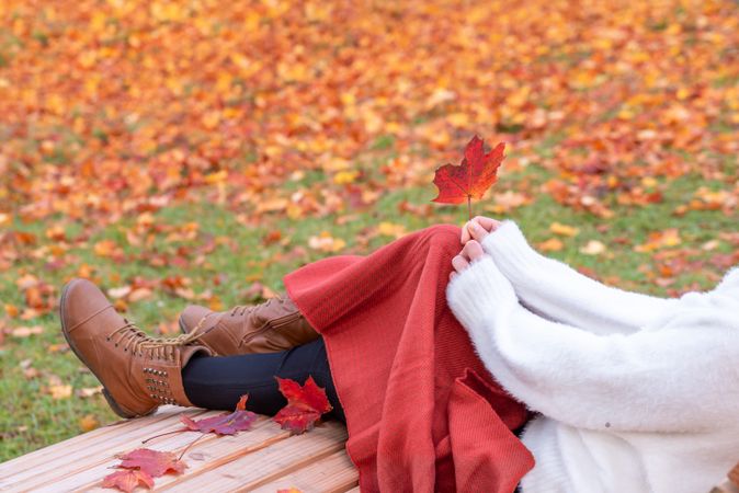 Woman legs covered in blanket on park bench in autumn