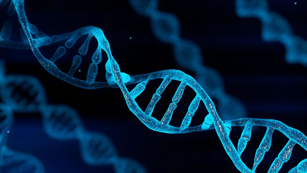 Close up of glowing blue DNA strand