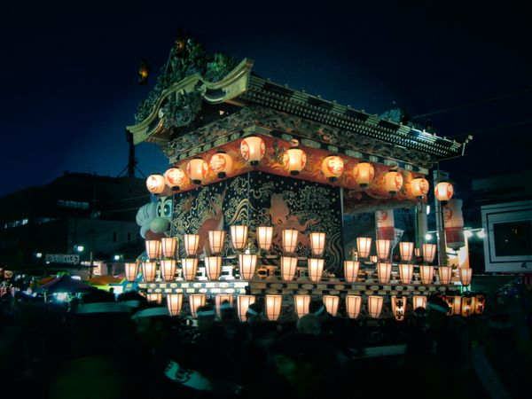 Float decorated with lit lanterns held at Furukawa parade festival in Japan