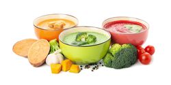 Three vegetable soups and ingredients