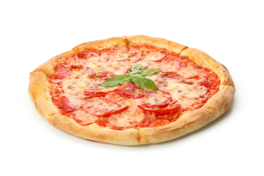 Tasty pizza with tomato isolated on neutral background