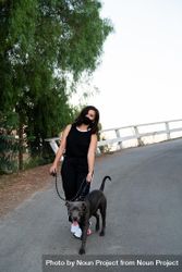 Full length shot of woman with mask walking her dog in the evening smiling and looking at camera 41lzZ5