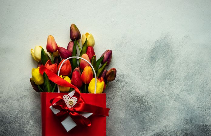 Tulips in shopping bag with gift, red ribbon and heart ornaments on grey background with copy space