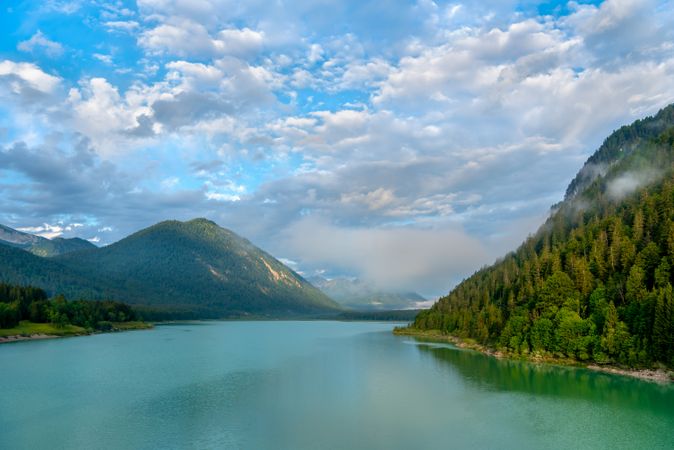 Alpine scenery with Lake Sylvenstein and Karwendel Mountains