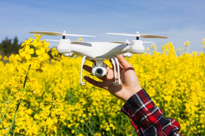 Technician holding an agriculture drone to control rapeseed crop