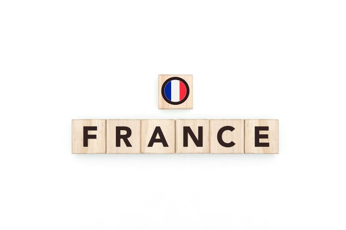 Wooden blocks bearing the name and flag of France.