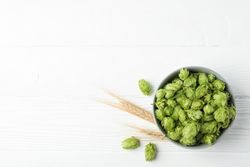 Bowl with hop and spikelets on wooden background, space for text