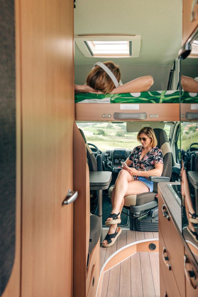 Females relaxing in living room area of motorhome