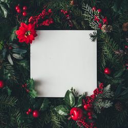 Flat lay of holiday wreath on dark background with square paper