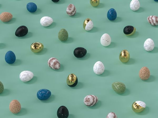 Marble, golden, green,  Easter eggs on pastel green background