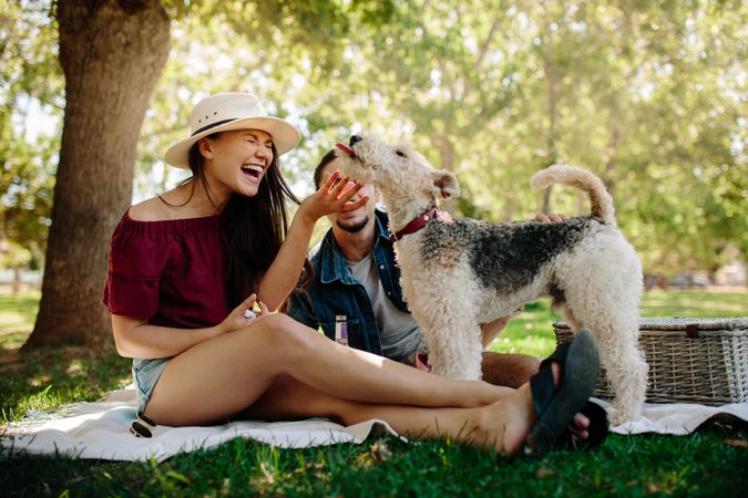 Couple on picnic with their dog