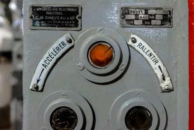 Close up of buttons on vintage electric equipment in museum