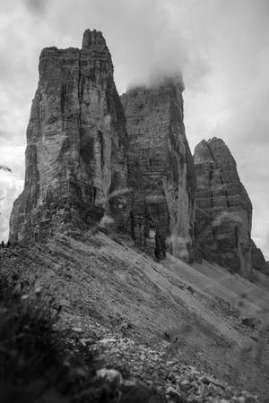 Tre cime di Lavaredo in Dolomites during cloudy weather
